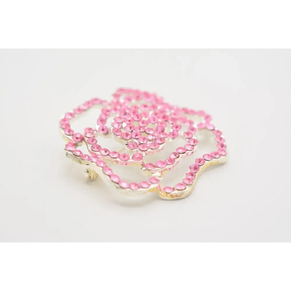 Vintage Rose Pin Brooch Flower Pink Lucite Rhinestone Crystal Silver Tone Bin5B